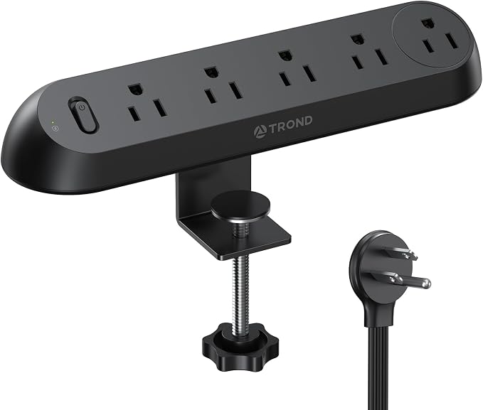 TROND Desk Clamp Power Strip - Surge Protector Power Strip with 5 AC Outlets, Flat Plug 6ft Extension Cord, 1700J, ETL Listed, Fits 1.97 inch Tabletop Edge, for Home Office Desk Accessories, Black