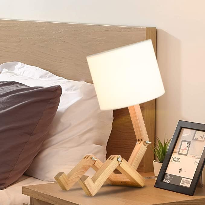 ELINKUME Robot Desk Lamp Set of 2, Creative Bedside Lamp for Bedroom,Wooden Lamp Body Adjustable,DIY E26 Living Room Table Lamps with Fabric Shade,Modern Indoor Decorative Lighting