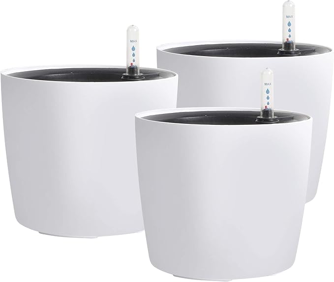 KINJOEK 3 Packs 7 Inch Self Watering Pot with Water Level Indicator, Modern Garden Decorative White Flower Pot, Flowers, African Violets, Succulents, White