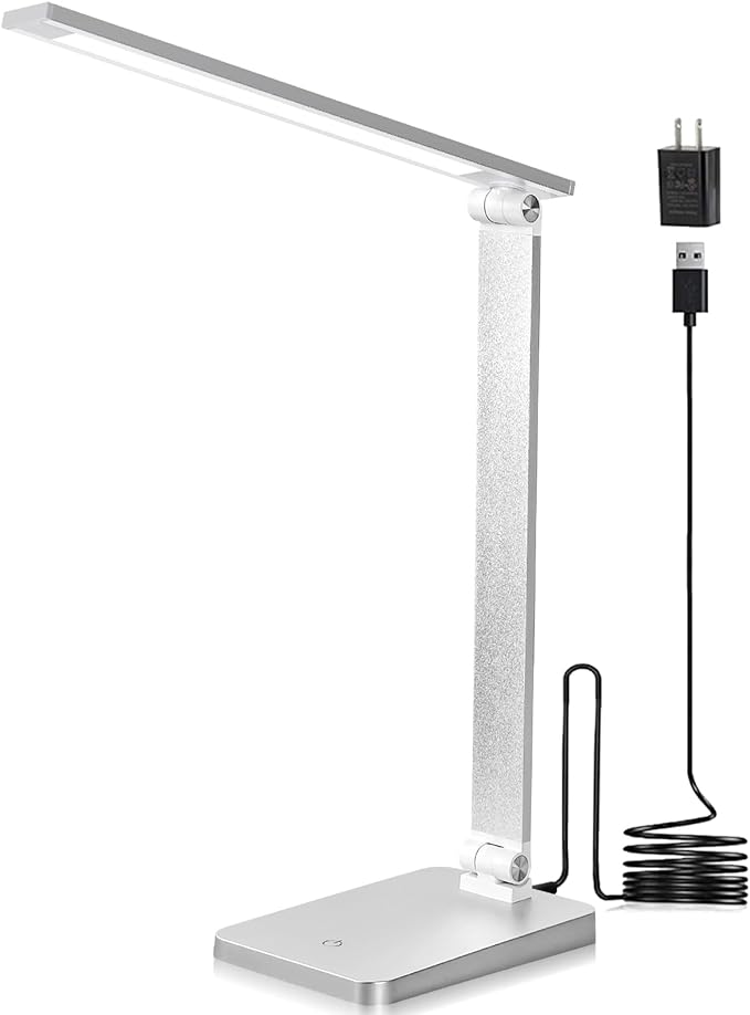 LED Desk Lamp for Home Office, 3 Levels Dimmable Desk Light with USB Charging Port, Small Study Lamp, Reading Light for Table, Sliver, 5000K