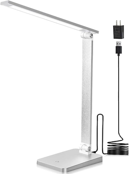 LED Desk Lamp for Home Office, 3 Levels Dimmable Desk Light with USB Charging Port, Small Study Lamp, Reading Light for Table, Sliver, 5000K