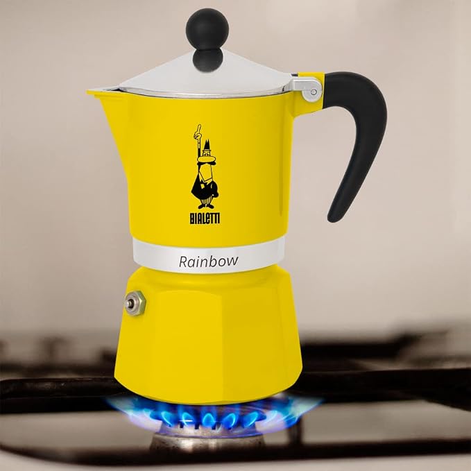 Bialetti Rainbow Moka Pot in Yellow, 6 Cup Stove Top Espresso Maker - Aluminum Cafetera for Ground Coffee, Italian Coffee Maker for Home Brewing