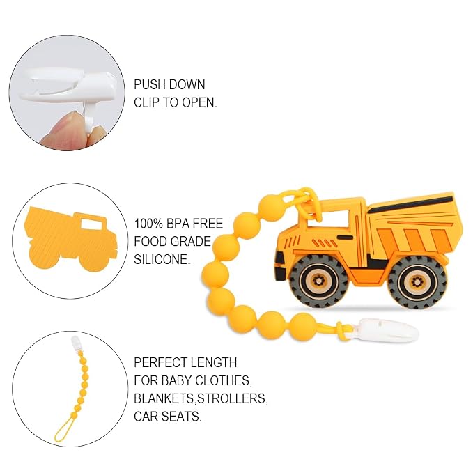 Baby Construction Vehicles Teething Toys,Food Grade Silicone Teether with One-Piece Pacifier Clip Holder,Shower Gift for 3 Months+ Boy and Girl,BPA Free,Freezer Safe. (Dump Truck)