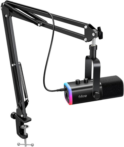 FIFINE AmpliGame AM8T XLR/USB Gaming Microphone Set, Dynamic PC Mic | Streaming RGB Mic Kit with Boom Arm Stand, Mute Button, Headphones Jack, for Podcasting Recording Vocal Voice-Over