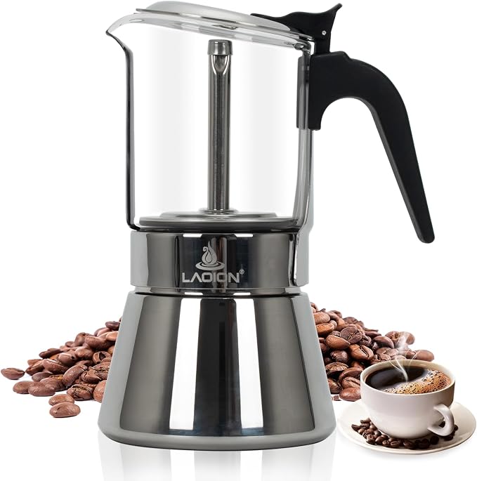 LAOION Stovetop Espresso Maker, 6Cup 240ml Moka Pot, Cuban Coffee Maker | Crystal Glass-top & Stainless Steel Coffee Maker Mocha Pot, Greca De Cafe, Cuban and Italian Coffee Maker for Cafetera Cubana
