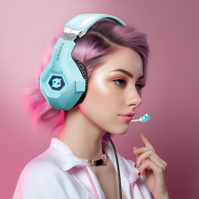 Ozeino Gaming Headset for PC, Ps4, Ps5, Xbox Headset with 7.1 Surround Sound, Gaming Headphones with Noise Cancelling Mic RGB Light Over Ear Headphones for Xbox Series X/S, Switch-Light Blue