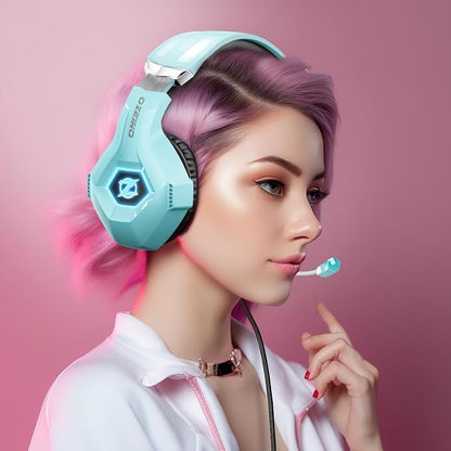 Ozeino Gaming Headset for PC, Ps4, Ps5, Xbox Headset with 7.1 Surround Sound, Gaming Headphones with Noise Cancelling Mic RGB Light Over Ear Headphones for Xbox Series X/S, Switch-Light Blue
