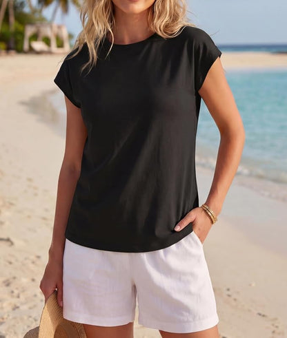 GRECERELLE Womens Summer Tops Cap Sleeve Crew Neck Basic T-Shirt | Everyday Casual Wear, Layering Friendly, Wrinkle-Resistant, Business Casual Ready, Lightweight & Packable, Capsule Wardrobe