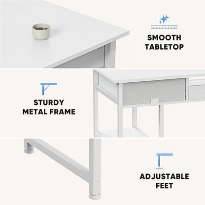 DUMOS 48-Inch Computer Desk with Drawers, Hook and Side Bag, White | Home Office Desk for Bedroom, Gaming Writing Study Desk with Adjustable Feet
