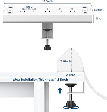 Jgstkcity Desk Clamp Power Strip USB C,Table Surge Protector | 1200J,Total 40W Charging Hub,5 Outlets & 6 USB,6FT Extension Cord,Fits 1.96" Desktop Edge,Office,Gaming,Dorm,White