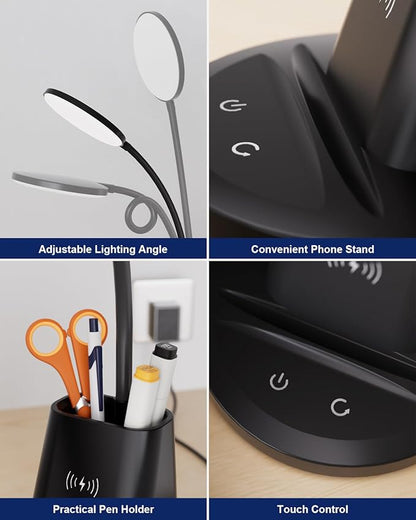 hansang LED Desk Lamp for Home Office with Wireless Charger, 3 Color Modes, Stepless Dimmable, Touch Control Black Study Lamp with Pen Holder for College Dorm Room, CRI 90, 800 Lumen, Adapter Included