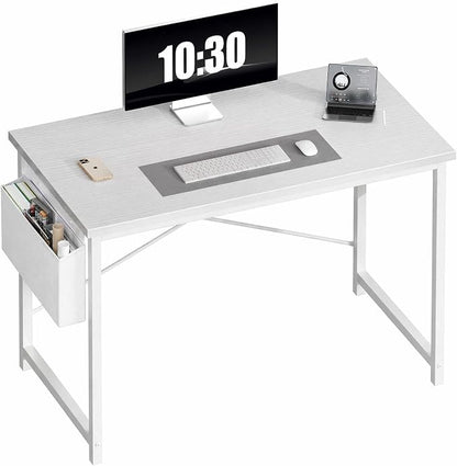 OLIXIS Computer Desk, 44 Inch Gaming Desks for Home Office Small Spaces | Writing Study Craft Work Table, Computer Workstation for Bedroom with Storage Bag, All White
