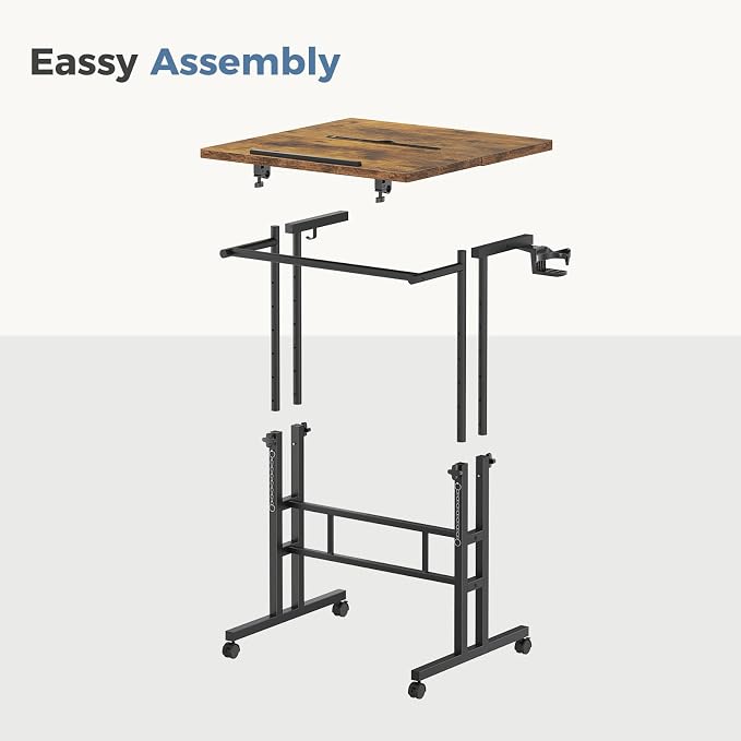 DUMOS Rolling Standing Desk, Sit Stand Desk, Computer Cart | 23.6 Inch Width, Height Adjustable, Split Top, Mobile Laptop Workstation, Office Table, Portable Design, Rustic Brown