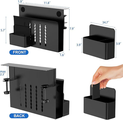 HAMOPY Desk Side Storage, Single-Layer Steel Hanging Desk Organizer with Magnetic Pen Holder, No Drilling Desk Drawer Cable Management Tray, Under Table Laptop Holder for Office, School&Home(Black)