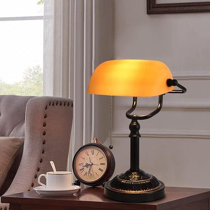 Rustic Desk Lamp Pull Chain, Traditional Bankers Desk Lamp with USB Port, Vintage Farmhouse Table Lamp for home office library