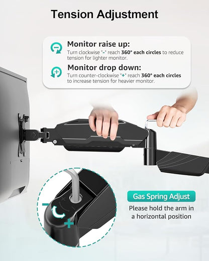 Long Arm Dual Monitor Wall Mount, Gas Spring Wall Monitor Arm for 17-32" Screens, 27.1" Extra Long Monitor Mount, Holds up to 17.6 lbs Each, Full Motion VESA Mount, 75/100, Black