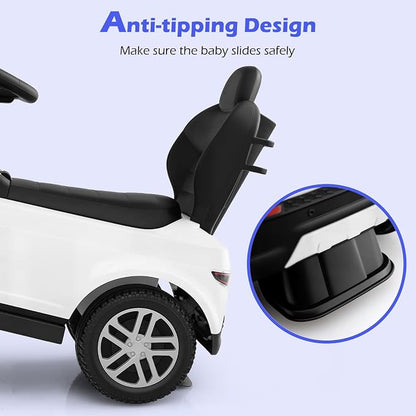 Licensed Push Car for Toddlers by INFANS, 3 in 1 Sliding Walking Car with Push Handle, Horn, Music, Underneath Storage, Foot-to-Floor Ride on Toys for Boys Girls (White)