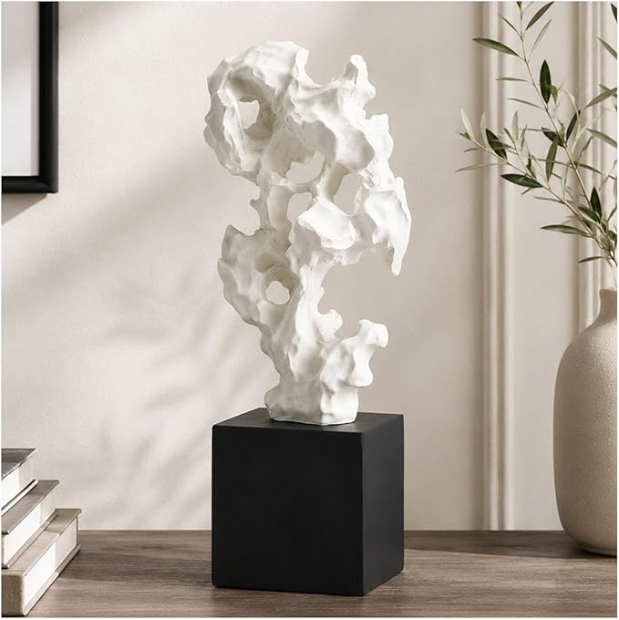 11.8" Modern Abstract Sculpture | Stone Home Decor, Resin White and Black Art Statues for Living Room, Coffee Table Centerpiece, TV Stand Shelf Bookshelf Decor