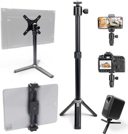 Kado Metal Portable Monitor Tablet Stand Tripod, Adjustable Height & Angle | 100x100mm 75x75mm Wall/Arm Mount Clamping, 360° Ball Head and 1/4" Screw Compact for Phone, Tablet, Projector, Camera, Webcam