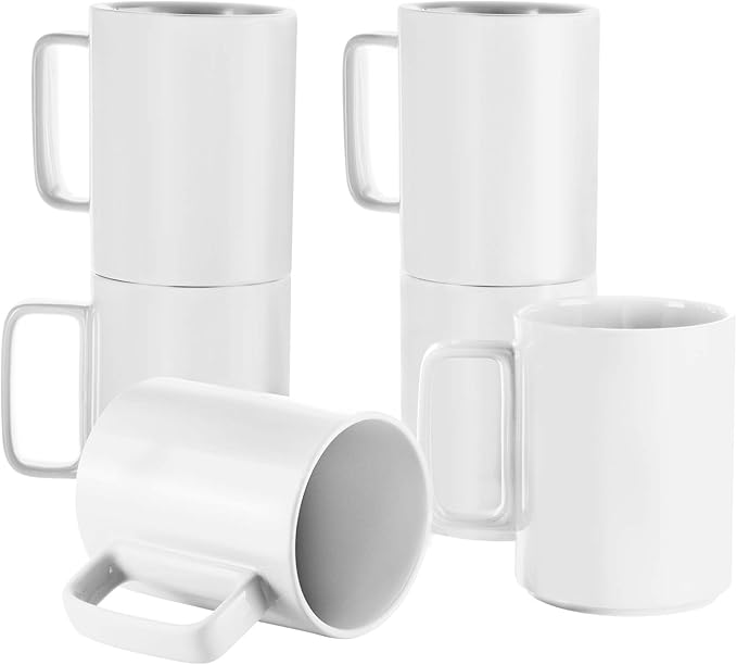 E-liu Large 15 Ounces Porcelain Coffee Mug Tea Mugs Set of 6 | Cups for Coffee, Tea, Cocoa, and Mulled Drinks , Dishwasher & Microwave Safe Gift Sets, White