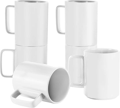 E-liu Large 15 Ounces Porcelain Coffee Mug Tea Mugs Set of 6 | Cups for Coffee, Tea, Cocoa, and Mulled Drinks , Dishwasher & Microwave Safe Gift Sets, White