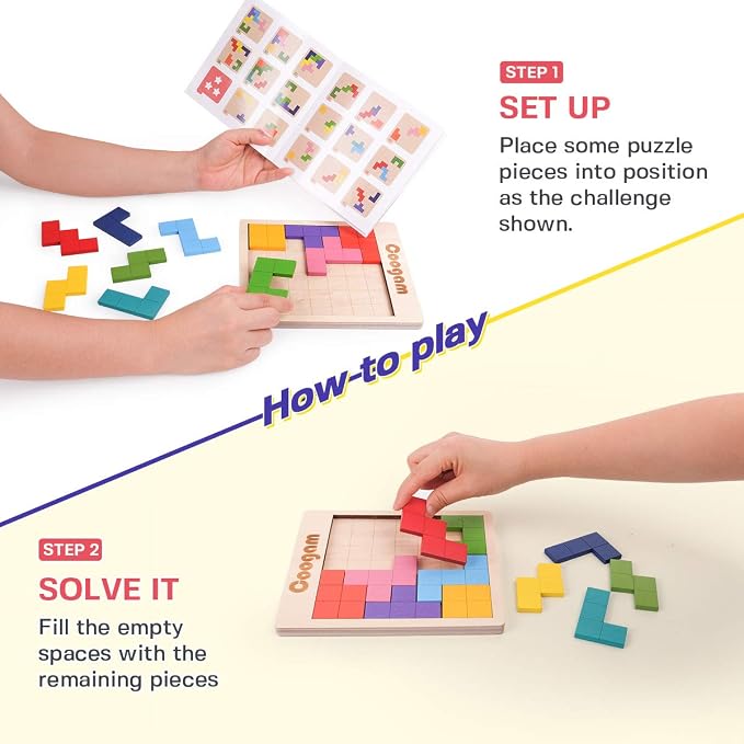 Coogam Wooden Puzzle Pattern Blocks Brain Teasers Game with 60 Challenges, 3D Russian Building Toy Wood Tangram Shape Jigsaw Puzzles Montessori STEM Educational Toys Gift for Kids Adults