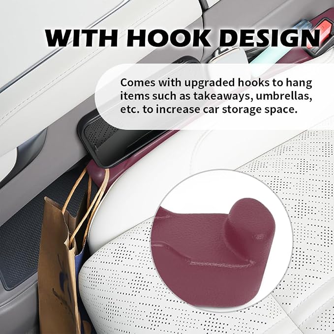 2PCS Car Seat Gap Filler Organizer,3 in 1 Car Seat Side Gap Filler with Hook for Avoiding Dropped Items,Universal No Drop Seats Guard for Filling Gaps 1.37-1.49 Inch Wide (Red)
