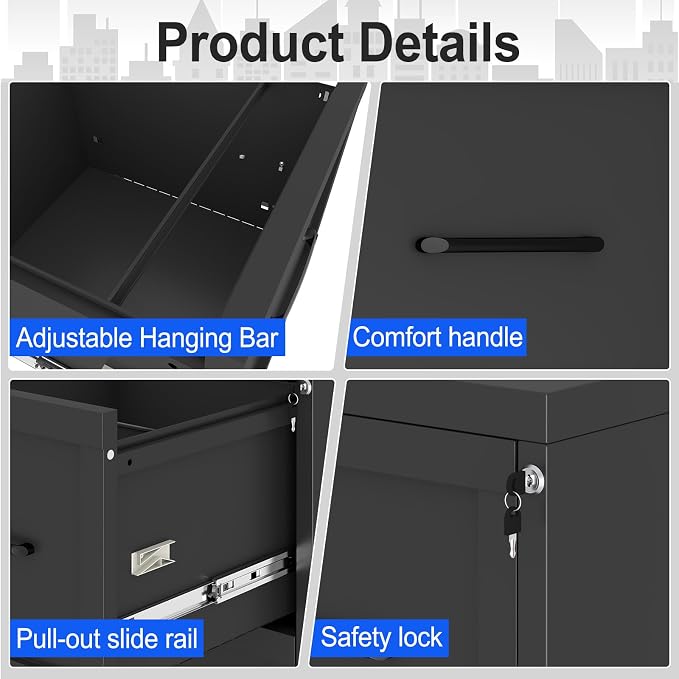 Small Metal 3-Drawer File Cabinet, Under-Desk Filing Cabinet, Black | Locking, Adjustable Hanging Rail, Fit A4, FC, Letter, Hanging File Folders for Home Office Storage Organization, 1PS