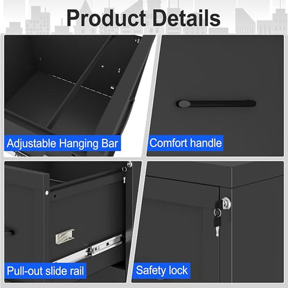 Small Metal 3-Drawer File Cabinet, Under-Desk Filing Cabinet, Black | Locking, Adjustable Hanging Rail, Fit A4, FC, Letter, Hanging File Folders for Home Office Storage Organization, 1PS