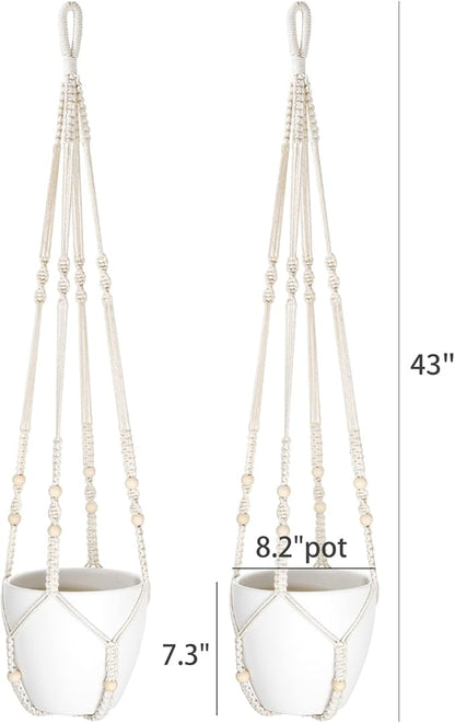Mkono 43 Inch Macrame Plant Hanger Large for up to 12 Inch Pot Extra Long Hanging Plant Holder No Tassels Hanging Planter Basket with Wood Beads for Indoor Outdoor Boho Home Decor, Ivory, Set of 2