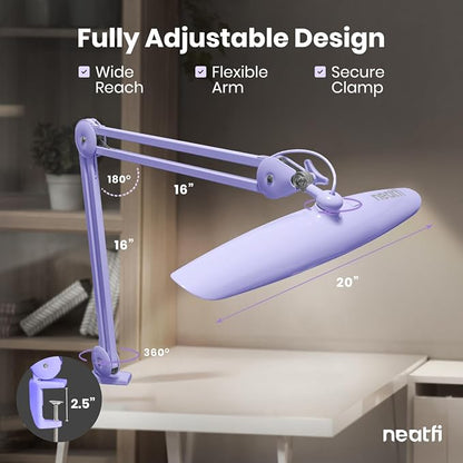 Neatfi XL 2200 Lumens 24W LED Desk Lamp – Shadow-Free Task Lighting | 4-Level Dimming | Home Office & Crafts Use | 20-Inch Wide Head (Lavender, Non-CCT with Clamp)