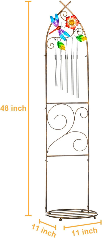 Garden Trellis with Plant Stands, 48” Metal Detachable Dragonfly Plant Pot Trellis with Wind Chimes for Climbing Plants Outdoor Lawn Patio Porches Decor