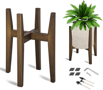 OERGKE Adjustable Plant Stand, Bamboo Mid Century Modern Indoor Plants Stands, Corner Flower Holder for Living Room, Fits 8 to 12 Inches Pots, (Pot & Plant Not Included)(Walnut, 1 Pack)