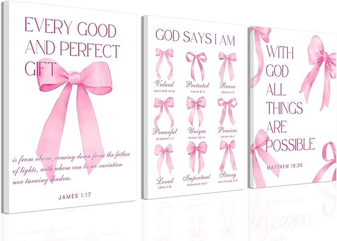 Coquette Pink Bow Wall Art Decor Canvas Posters Framed, Inspirational Bible Verses Bow Wall Decor,Room Bedroom Bathroom Decor Aesthetic for Teen Girls Gifts, 12x16 Inch Set of 3 Bow Pictures
