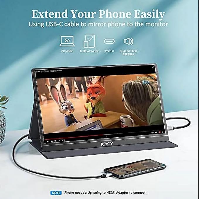 KYY Portable Monitor 15.6" 1080P Computer Monitor Screen Extender w/Cover | Portable Monitor for Laptop 1080P FHD IPS with USB-C and HDMI, Laptop Screen Extender for Travel HDR Gaming Monitor w/Speaker