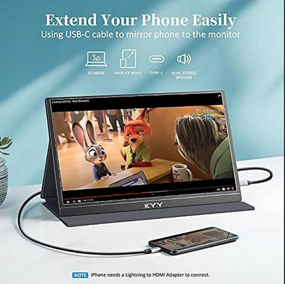 KYY Portable Monitor 15.6" 1080P Computer Monitor Screen Extender w/Cover | Portable Monitor for Laptop 1080P FHD IPS with USB-C and HDMI, Laptop Screen Extender for Travel HDR Gaming Monitor w/Speaker