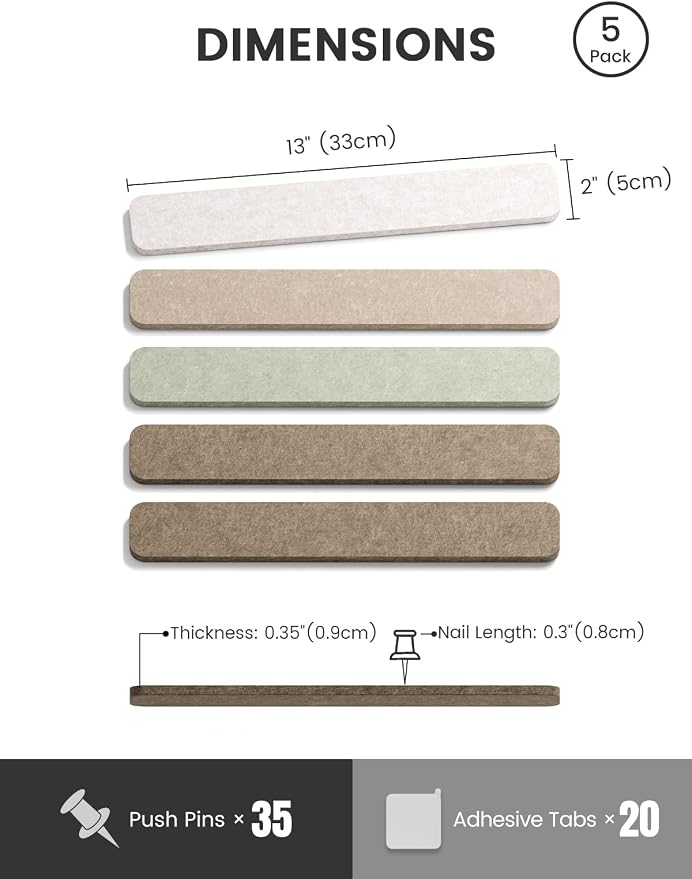 Fluxynara 13" x 2" Felt Wall Panels, Linen Dusk | 5-Pack Cork Board Alternative with 35 Push Pins, Adhesive Mounting for Bedroom Door or Home Office