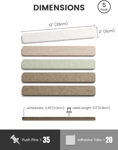 Fluxynara 13" x 2" Felt Wall Panels, Linen Dusk | 5-Pack Cork Board Alternative with 35 Push Pins, Adhesive Mounting for Bedroom Door or Home Office