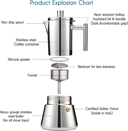 Easyworkz Diego Stovetop Espresso Maker Stainless Steel Italian Coffee Machine Maker 6Cup 10 oz Moka Pot Induction Espresso Pot