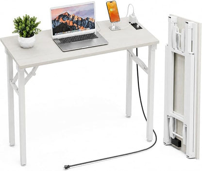 Folding Table Computer Desk - 35.8" No Assembly Folding Desk with Power Outlets & USB Charging Port, Small Desk, Foldable Office Desk, Compact Storage Portable Use for Small Space, White Ash