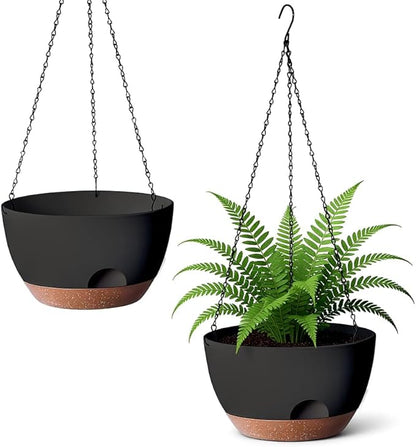 Hanging Planter for Indoor Plants, 10 Inch Self-Watering Hanging Planters with Drainage Holes and Chain, Set of 2 Outdoor Hanging Pots for Garden Home