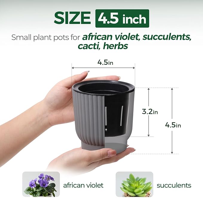 T4U 4.5 Inch Plant Pots Self Watering, 6 Pack African Violet Pots, Small Plant Pots for Plants, Small Indoor Plant Pot, Self Watering Planter for African Violet, Succulents (6 Pack 4.5" Pots, Gray)