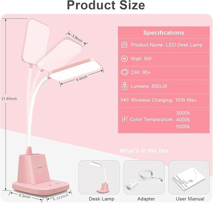LED Desk Lamp with 10W Wireless Charging & Pen Holder, Pink | CRI 95, 800LM, Stepless Dimming, 3 Modes, 360°Flexible Arm, Touch, Study Table Lamp for Home Office, Dorm Room, with Adapter
