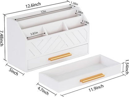 dreampossible white Wood Desk Organizer and Accessories with Drawer, Bill Mail Organizer and File Mail Holder for Office Supplies, Modern Desk Accessories & Workspace Organizers for Desk Organization
