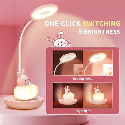 Kids Desk Lamp Pink, Dimming Desk Lamp for Girls with Exclusive Cartoon Look, Cute Night Light for Kids Bedroom, Eye-Caring LED Portable Reading Lamp for Child, Unique Gift (Pink Rabbit)
