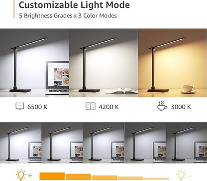 Lepro Desk Lamp with USB Charging Port for Home Office, 650LM 9.5W, Black | Dimmable Task Light, 5 Colors 5 Brightness, Eye Caring Table Lamp for Dorm Room, Sewing, Crafting, Reading, Nail, Drafts