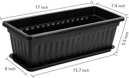 Fasmov 7 Pack 17 Inches Flower Window Box Plastic Vegetable Planters with Trays Vegetables Growing Container Garden Flower Plant Pot with 7 Pcs Plant Labels for Balcony, Patio, Garden, Black