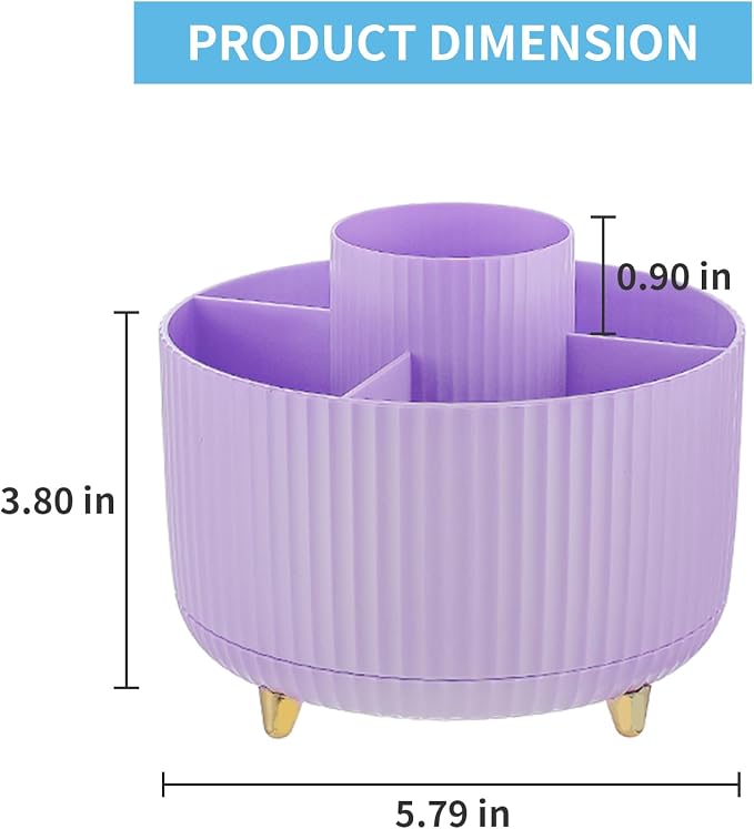 Marbrasse Desk Organizer, 360-Degree Rotating Pen Holder, Desk Organizers and Accessories with 5 Compartments Pencil Holder, Art Supply Storage Box Caddy for Office, Home（Purple）