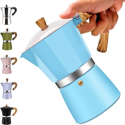 6 Cup Aluminum Moka Pot Classic Stovetop Espresso Coffee Maker 300ml 10oz Coffeemaker Percolator Mocha Pot Greca Coffee Maker Cafe Makers for Italian and Cuban Café Brewing Blue