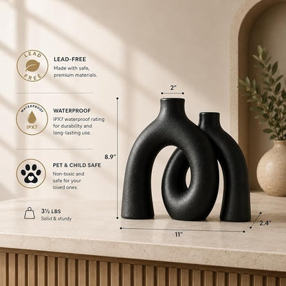 Jas & Jax Matte Black Ceramic Hug Donut Vase Set – Nordic Boho Home Decor, Pampas Grass & Dried Flowers Centerpiece for Living Room, Console Table, Bookshelf or Mantel